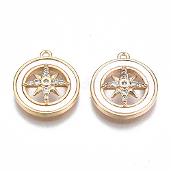 Brass Micro Pave Clear Cubic Zirconia Pendants, with Natural Shell, Nickel Free, Flat Round with Star, Real 18K Gold Plated, 16x14x3mm, Hole: 1mm