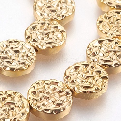Electroplated Non-magnetic Synthetic Hematite Beads Strands, Textured Flat Round, Golden Plated, 12x3.5mm, Hole: 1mm, about 33pcs/strand, 15.55 inch(39.5cm)