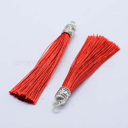 Décorations de gros pendentif pompon en nylon, avec les accessoires en alliage d'argent antique, rouge, 55~67x7mm, Trou: 2mm
