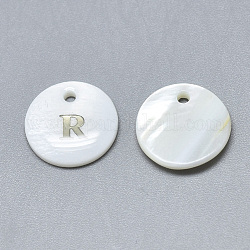 Natürliche weiße Muschel Perlmutt Muschel Charms, mit Eisenaufkleber, flach rund mit Brief, Buchstabe r, 13x2 mm, Bohrung: 1.5 mm