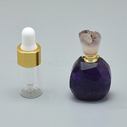 Pendenti di bottiglia di profumo apribile ametista naturale, con reperti in ottone e bottiglie di olio essenziale di vetro, 39~50x26~29x16~21mm, Foro: 1.2 mm, capacità della bottiglia di vetro: 3 ml (0.101 once fluide), capacità della pietra preziosa: 1 ml (0.03 once fluide)