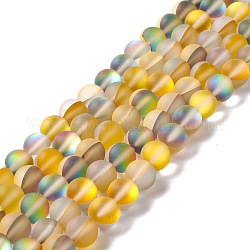 Chapelets de perles en pierre de lune synthétique, mat, ronde, verge d'or, 10mm, Trou: 1mm, Environ 38~40 pcs/chapelet, 14.96''~15.16'' (38~38.5 cm)