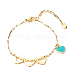 Heart Alloy Enamel Charm Bracelet for Valentine's Day, with Ion Plating(IP) 304 Stainless Steel Findings, Cyan, 7.48 inch(190mm)