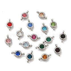 304 Stainless Steel Single Rhinestone Connector Charms, Flat Round Links, Stainless Steel Color, Mixed Color, 12x6.5x4mm, Hole: 2mm.
