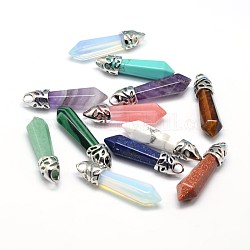 Bullet Platinum Plated Alloy Natural & Synthetic Mixed Stone Pointed Pendants, Cadmium Free & Lead Free, 33~40x8~9mm, Hole: 3x4mm