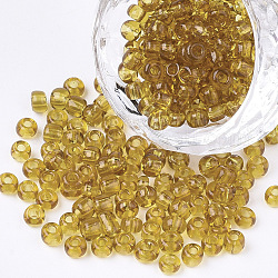 (servizio di reimballaggio disponibile) perline di semi di vetro, trasparente, tondo, verga d'oro scuro, 6/0, 4mm, Foro: 1.5 mm, su 12 g / borsa