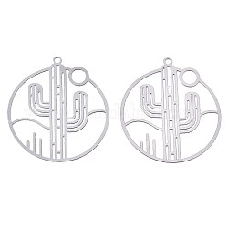 201 Stainless Steel Filigree Pendants, Etched Metal Embellishments, Ring with Cactus, Stainless Steel Color, 33x30x0.3mm, Hole: 1.6mm
