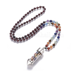 Collana pendente in pietra mista naturale, con perle di vetro e risultati in ottone, proiettile, 27.9 pollice (71 cm), perline: 6 mm, ciondoli:65x17.5mm