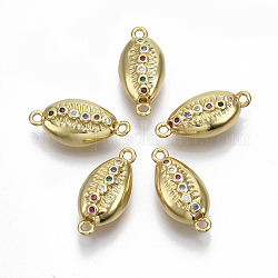 Brass Micro Pave Cubic Zirconia Links connectors, Cowrie Shell Shape, Colorful, Golden, 20.5x10x7mm, Hole: 1.5mm