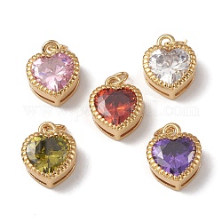 Rack Plating Brass with Cubic Zirconia Charms, Heart, Cadmium Free & Lead Free, Long-Lasting Plated, with Jump Ring, Real 18K Gold Plated, Mixed Color, 13x10x5mm, Hole: 0.9mm