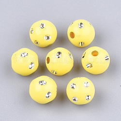 Perles acryliques plaquées, métal enlacée, ronde, jaune, 9~10x9mm, Trou: 2mm, environ 1000 pcs/500 g