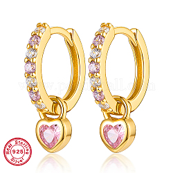 Real 18K Gold Plated 925 Sterling Silver Dangle Hoop Earrings, with 925 Stamp, Heart, Pink, 14x4mm