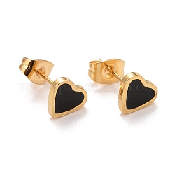 304 Stainless Steel Enamel Stud Earrings, with 316 Surgical Stainless Steel Pin, Golden, Heart, Black, 7x7.5x2mm, Pin: 0.8mm