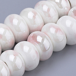 Perles en porcelaine manuelles, le style antique vitrée fantaisie, nacré, rondelle, rose, 14x6~7mm, Trou: 5~6mm