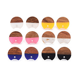 Two Tone Resin & Walnut Wood Stud Earring Findings, with 304 Stainless Steel Pin and Hole, Gappy Flat Round, Mixed Color, 16x17mm, Hole: 1.8mm, Pin: 0.7mm