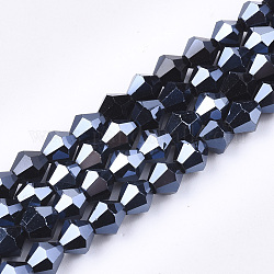 Abalorios de vidrio electroplate hebras, lustre de la perla chapado, facetados, bicono, negro, 6x5.5~6mm, agujero: 1 mm, aproximamente 44~47 pcs / cadena, 11.02 pulgada