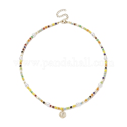 Halskette mit Anhänger des Heiligen Benedikt aus Messing, Halskette aus Glassamen und Acrylperlen für Damen, Farbig, 17.36 Zoll (44.1 cm)