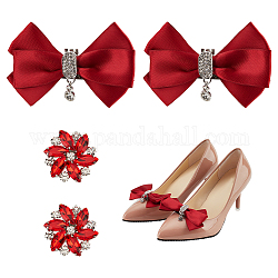 Nbeads Hochzeitsschuh-Dekorationssets, einschließlich 2 Polyester-Schleifknoten und 2 Schuhschnallenclips aus Legierung in Blumenform, rot, Schleifeknoten: 56x90x16 mm, Blume: 32x34x10 mm