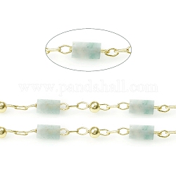 Chaînes de perles amazonite naturel fait à la main, véritables chaînes en laiton plaqué 18k or véritable, soudé, avec bobine, Plaqué longue durée, 4~5x2~2.5mm, perles: 2 mm, lien: 2x1x0.2mm et 2x1.5x0.2mm, environ 32.8 pied (10 m)/rouleau