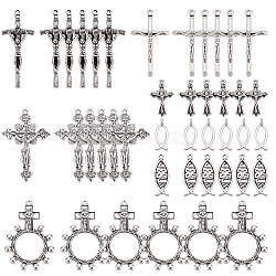 Nbeads 42 pièces 7 styles de breloques croisées en alliage de style tibétain, Pendentifs antiques en argent crucifix croix, breloques poisson chrétien pour pâques, collier, bracelet, boucle d'oreille, fabrication de bijoux