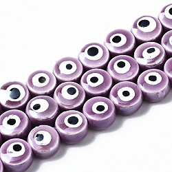 Handmade Porcelain Ceramic Beads Strands, Bright Glazed Porcelain, Flat Round with Evil Eye, Medium Orchid, 8x5mm, Hole: 1.5mm, about 40pcs/strand, 12.01 inch(30.5cm)