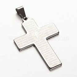 Croix avec des mots 304 inoxydable pendentifs en acier, couleur inoxydable, 44x30x2mm, Trou: 4x8mm