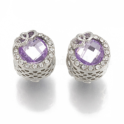 Alloy Rhinestone Beads, Hollow, Large Hole Beads, Flat Round with Heart to Heart, Platinum, Violet, 12x16mm, Hole: 5.5mm