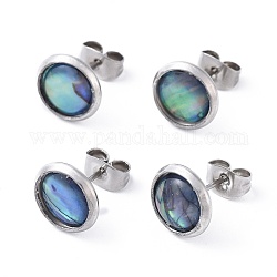 Natural Abalone Shell/Paua Shell Stud Earrings, with 304 Stainless Steel Findings and Cardboard Jewelry Boxes, Flat Round, Stainless Steel Color, 10mm, Pin: 0.8mm
