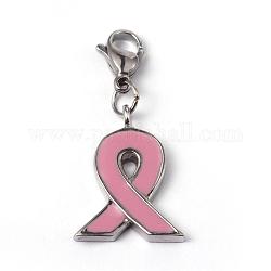 316 pendentifs en émail chirurgical en acier inoxydable, cancer du sein octobre ruban de sensibilisation au cancer du sein rose, avec des mots, rose, 20x15x2.5mm, Trou: 3.5mm