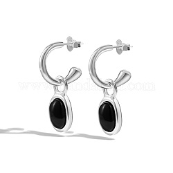 Boucles d'oreilles ovales en agate noire naturelle, boucles d'oreilles demi-créoles en argent sterling s925, avec tampon s925, 28.5x9.5mm