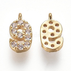 Brass Micro Pave Clear Cubic Zirconia Charms, Number, Golden, Num.9, 9.5~10x4~6.5x2mm, Hole: 0.8mm