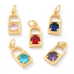 Real 18K Gold Plated Brass Micro Pave Cubic Zirconia Charms, with Jump Ring, Long-Lasting Plated, Lock, Mixed Color, 15.5x7x3.5mm, Jump Ring: 5x1mm, 3mm Inner Diameter