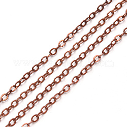 Cadenas de cable de latón, soldada, con carrete, Plano Oval, cobre rojo, 3.2x2.5x0.4mm, apto para anillos de salto de 0.8x5 mm, aproximadamente 32.8 pie (10 m) / rollo