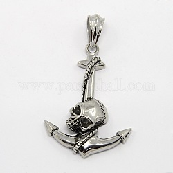 Retro Men's Halloween Jewelry 304 Stainless Steel Big Anchor with Skull Big Pendants, Antique Silver, 70x41x10mm, Hole: 12.5x8mm