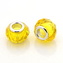 Transparent Resin European Beads, Large Hole Beads, with Platinum Brass Double Cores, Faceted, Rondelle, Yellow, 14x9mm, Hole: 5mm