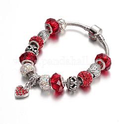 Lega strass perline braccialetti europei, con perle di vetro e catena in ottone, rosso, 190mm