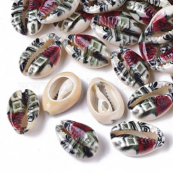 Printed Natural Cowrie Shell Beads, No Hole/Undrilled, with Flower Pattern, Dark Green, 18~25x12~15x7mm