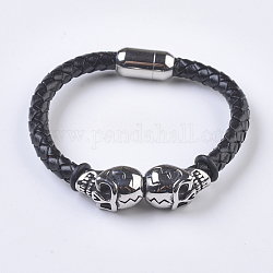 Bracelets de cordon en cuir tressé pour hommes, avec accessoires en 304 acier inoxydable et les fermoirs magnétiques, crane, noir, 7-5/8 pouce (195 mm)