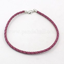 Braided Leather Bracelet Makings, with Sterling Silver Clasp, Dark Orchid, 210x3mm