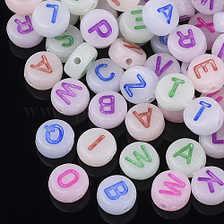 Luminous Acrylic Beads, Horizontal Hole, Random Mixed Letters, Flat Round with Letter, Mixed Color, 7x3.5~4mm, Hole: 1.2mm