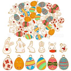 60pcs 12 pendentifs en émail en alliage de style, or, œuf de Pâques et lapin aux radis, couleur mixte, 13.5~25x9~15x1~1.5mm, Trou: 1.4~2mm, 5 pièces / style