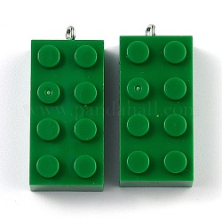Pendentifs acryliques opaques, avec boucle en fer platine, breloques de bloc de construction rectangle long, verte, 36x16x11.5mm, Trou: 1.5mm