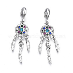 Rack Plating Alloy European Dangle Charms, with Rhinestone, Large Hole Pendants, Cadmium Free & Nickel Free & Lead Free, Platinum, Woven Net/Web with Feather, Colorful, 43mm, Hole: 5mm, Feather: 12x2.5x3mm