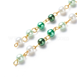 Handmade Glass Pearl Beaded Chains, with Brass Eye Pins, Unwelded, Green, 13x6mm, about 3.28 Feet(1m)/Strand