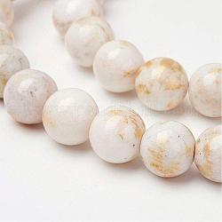 Chapelets de perles en jade Mashan naturel, avec de la poudre d'or, teinte, ronde, floral blanc, 12mm, Trou: 1.5mm, Environ 32 pcs/chapelet, 16 pouce
