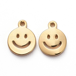 Vacuum Plating 304 Stainless Steel Charms, Cut-Out, Manual Polishing, Hollow, Flat Round with Smile, Golden, 8x6x1mm, Hole: 0.8mm