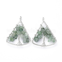 Long-Lasting Plated Brass Pendants, Wire Wrapped Pendants, with Natural Green Aventurine Chips, Triangle with Tree, Platinum, 39~40x30~31x4~8mm, Hole: 4.5mm