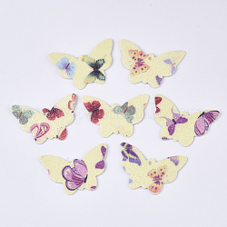 Pendentifs en cuir pu, avec poudre scintillante double face, papillon, jaune, 32.5x48x1.5~2mm, Trou: 2.5mm