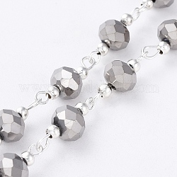 Silver Color Plated Brass Handmade Glass Beaded Chains, Unwelded, with Iron Beads, For Necklaces Bracelets Making, Gray, 39.3 inch