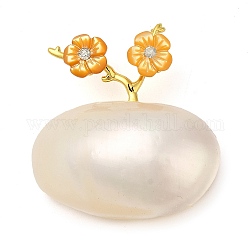 Oval & Peach Blossom Dyed Natural White Shell Brooches for Women, with Brass & Rhinestone, Real Gold Plated, Beige, 33x36x12.5mm